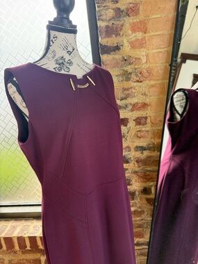 Ivanka Trump Sleeveless Plum Midi Dress with Gold Chain Detail